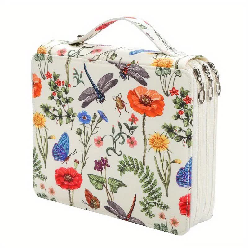 NNEDSZ White Floral Design Portable Zippered Pencil Case - 3-Layer Large Capacity Organizer for Stationery & Art Supplies
